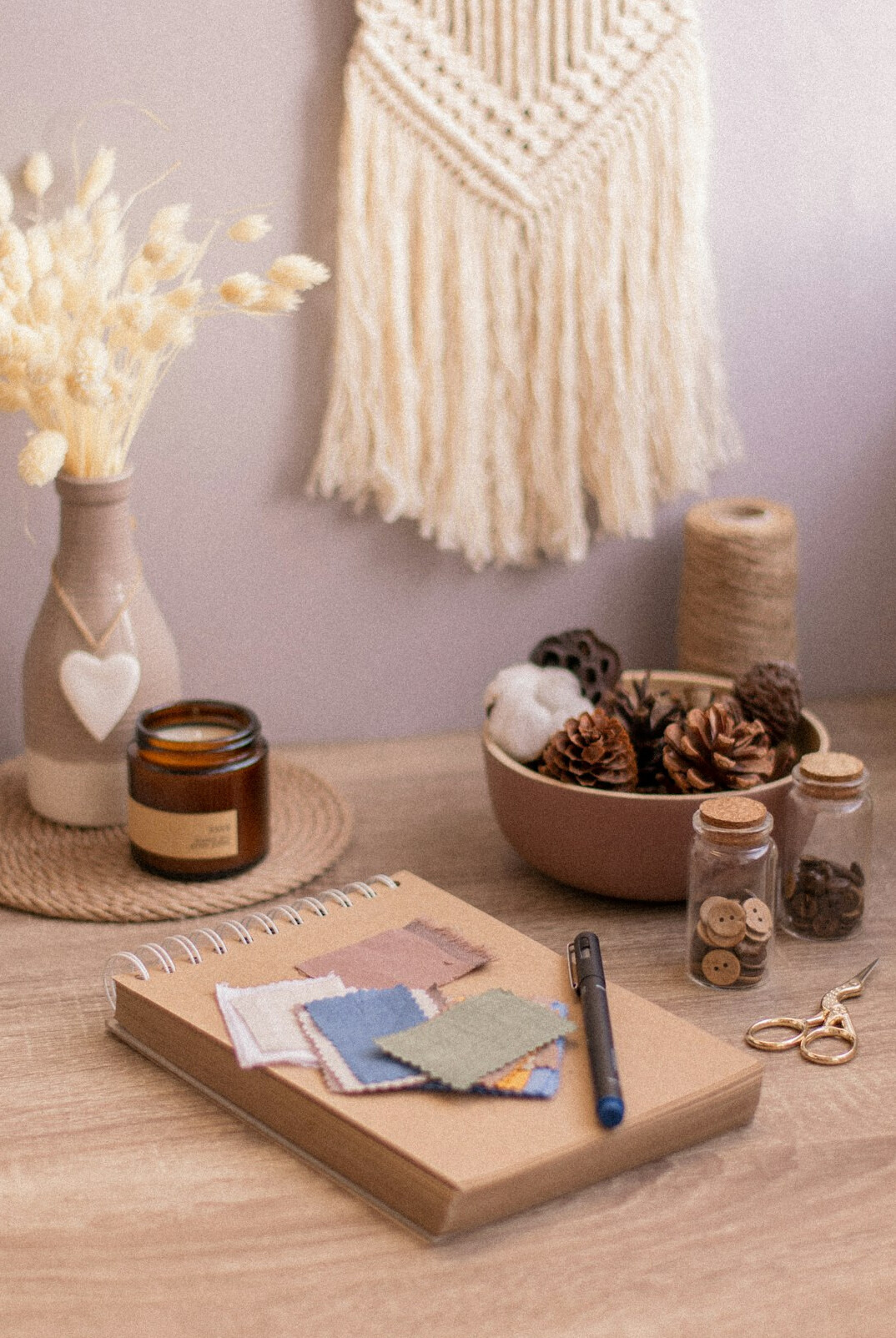 Desk with notebook, planner and pen for planning