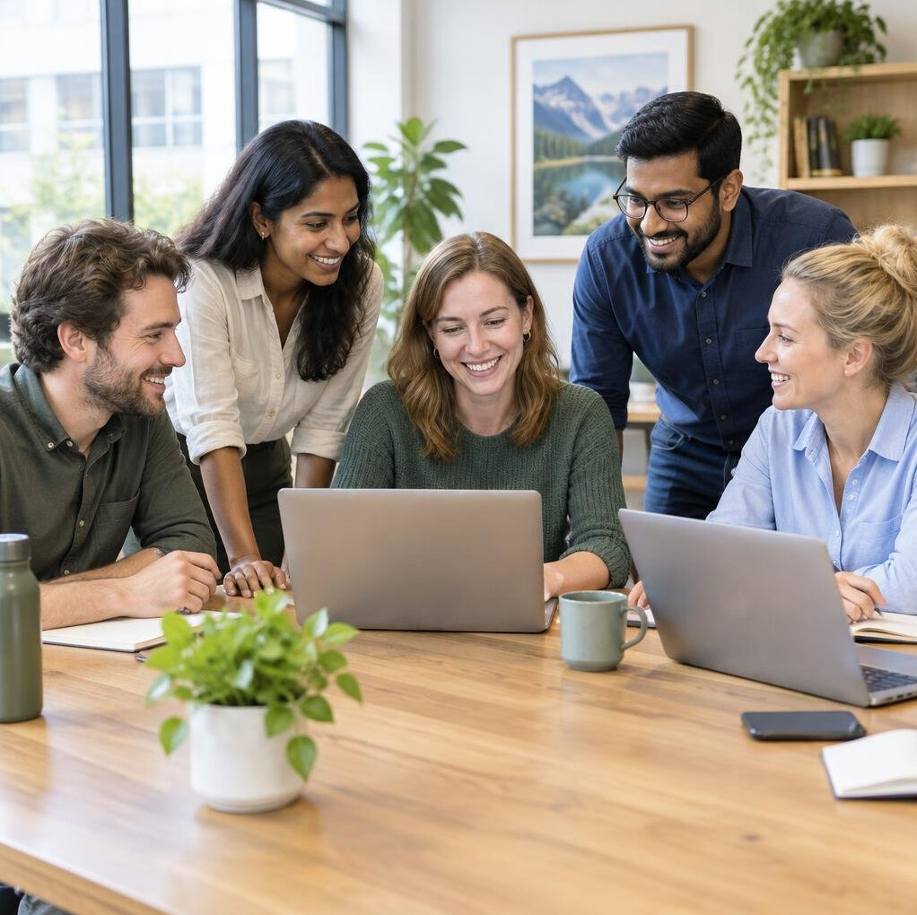 Team of colleagues collaborating around a table in a bright office